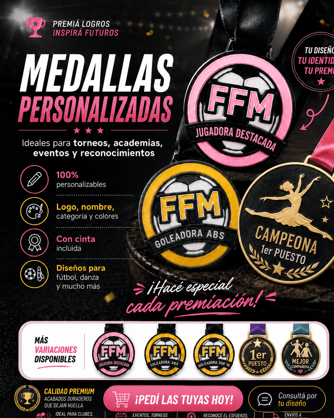 Medallas personalizadas en 3D — Medallas personalizadas ideales para torneos, academias, colegios, competencias, eventos deportivos y reconocimientos. Se pueden diseñar con logo, nombre, categoría, colores y cinta incluida. | Moldera Uruguay